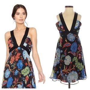 Alice + Olivia Black Floral V-Neck Mini Dress with Blue, Red and Green Accents